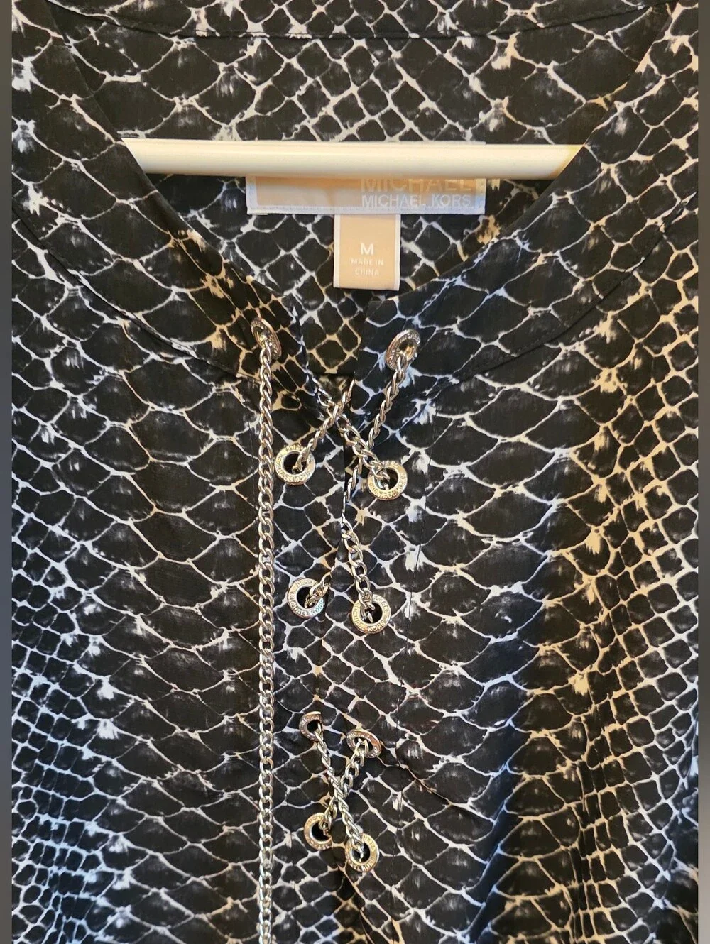 Michael Kors Black and White Lace-Up 3/4 Sleeve Dress